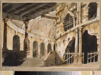 Fängelset. Förberedande dekor för en pjäs. Verk av en rysk mästare, ca 1790, akvarell på papper. Rysk scenografisk konst från 1700-talet. Museum Palace Ostankino, Moskva.