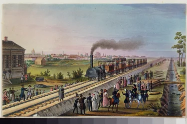 Ankomsten av det första tåget från Sankt Petersburg till Tsarskoye Selo, 30 oktober 1837. Verk av en rysk mästare, akvarell på papper