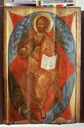 Kristus i majestät, världens frälsare (Kristus i majestät, världens frälsare). Jesus Kristus i majestät (i härlighet) i en mandorla som gör tecknet på välsignelse. Rysk ikon, tempera på trä, tidigt 1500-tal, konst från Rostov Suzdal. Staten A.Rubl
