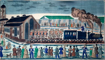 Avgång från Moskvas järnvägsterminal till Sankt Petersburg. (Militära trupper transporterade i ett ångtåg). Verk av en rysk mästare, akvarell och tusch på papper