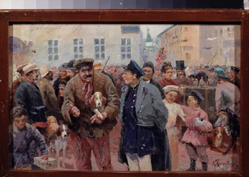 Djurmarknaden på Trubnaya-torget i Moskva. (Trängseln mellan burar och husdjursförsäljare). Verk av en rysk mästare, olja på duk, andra hälften av 1800-talet. Statens centrala litterära museum, Moskva.