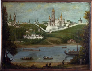 Grottklostret i Kiev (Ukraina) (Grottornas kloster i Kiev). Anonym målning, olja på duk, mitten av 1800-talet. Klassicism rysk konst. State Museum of Religious History, Sankt Petersburg.