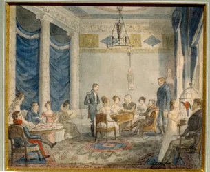 Familjen Olenins vardagsrum i Priyutino (Ryssland). (Familjen Olenins salong i Priyutino). Konstnärligt och litterärt möte i Alexei (Aleksin) Nikolaevich Olenin (1778-1836), forskare och statsman, nära Sankt Petersburg, vars f.