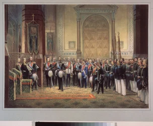 Tsarevich Nicholas Alexandrovich Romanovs trohetsed av Ryssland (1843-1865) i armékyrkan. Verk av en rysk mästare, akvarell på papper