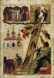 "Sankt Johannes Klimakos himmelsstege" (Sankt Johannes av Sinais heliga stege). Den avbildar munkar som når stegens topp och dem som faller ner i helvetet - rysk ikon från början av 1500-talet, Statliga ryska museet, Sankt Petersburg