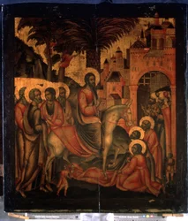 ""Kristi inträde i Jerusalem"" Rysk ikon. Målning på trä från 1600-talets State United Museum Center i Kreml, Moskva