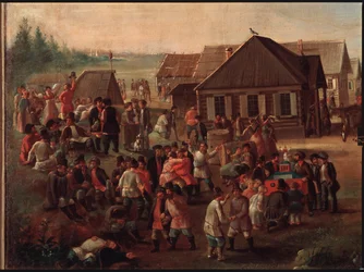 Offentliga festligheter i byn Alexeevskoye. Målning av en rysk mästare, olja på duk, mitten av 1800-talet. Statens Tretjakovgalleri, Moskva.