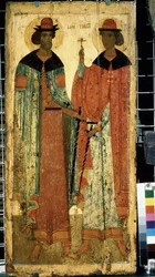 ""De heliga Boris och Gleb, söner till Vladimir I av Kiev"" Rysk ikon. Målning på trä omkring 1450. Statens Tretjakovgalleri, Moskva