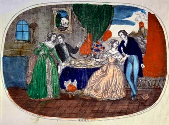 Mondanite: scen för måltider och förförelse mellan två par. Ryssland. Gravyr omkring 1850. Privat samling
