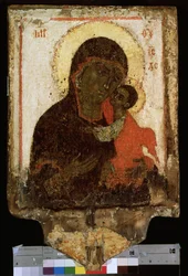 ""Our Lady (Our Lady) of Tenderness"" eller ""Jungfru Eleusa (Eleousa)"" rysk ikon. Målning på trä från slutet av 1300-talets början av 1400-talet. Statens ryska museum i Sankt Petersburg