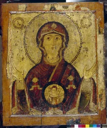 Notre Dame du Signe - Icone russe, tempera sur bois (73,4x64 cm), debut 13eme siecle - (Our Lady of the Sign, Tempera på panel, rysk ikon, tidigt 1200-tal) - Tretyakov Gallery, Moskva