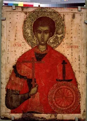 Porträtt av Sankt Demetrios av Thessalonika, kristen martyr från 300-talet. Rysk ikon från 1400-talet. Tempera på trä. Sankt Petersburg, Ryska statens museum