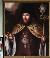 Porträtt av Archimandrite Gedeon Krinovsky (1726-1763). (Överordnad av ett ortodoxt kloster (abbot), klädd i klobouk (huvudbonad) och en pectoral juvel som representerar den heliga dråpet. Målning av en rysk mästare, olja på duk