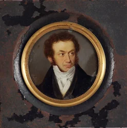 Porträtt av författaren Alexander Pushkin (1799-1837) - Anonymt verk, gouache på pergament (8,5x9 cm), cirka 1830 - Porträtt av författaren Alexander Pushkin, Gouache på pergament, anonym