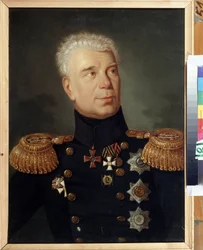 Porträtt av upptäcktsresanden amiral Ivan (Adam) Krusenstern (1770-1846) (Porträtt av utforskaren amiral I.Krusenstern). olja på duk, cirka 1850, rysk konst från 1800-talet. State Central Navy Museum, Sankt Petersburg.