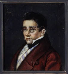 Porträtt av dramatikern Alexander Sergeyevich Griboiedov (Alexander S. Griboyedov) (1795-1829). Verk av en rysk mästare, akvarell och gouache på horn, cirka 1820. Rysk konst