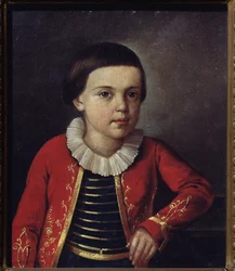 Porträtt av poeten Mikhail Lermontov (1814-1841), barn. Målning av en rysk mästare, olja på duk