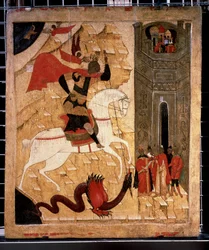 ""Representation av Saint George och draken"" rysk ikon. Målning på trä från 1400-talet. Statens Tretjakovgalleri, Moskva