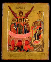 Rysk ikon föreställande Shadrach, Meshach och Abednego i den glödande ugnen, Moskvaskolan, ca 1600 (panel)