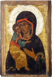 Rysk ikon: Jungfrun av Vladimir. Tempera på panel, första hälften av 1400-talet, Museum of History and Art, Suzdal