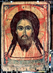 ""Saint Mandylion"" Representation av Kristi ansikte tryckt på en slöja (heligt ansikte). Rysk ikon. Målning på trä från slutet av 1300-talet State Tretyakov Gallery, Moskva