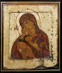 Vladimirs Guds moder, rysk ikon, Pskov-skolan, sent 1400-tal (tempera på panel)
