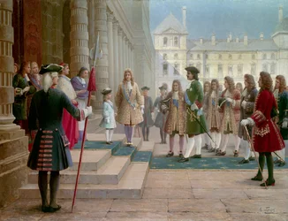 Tsar Pierre Le Grand (1672-1725) välkomnades av Louis XV barn i Versailles 1717 - Målning av Gorsky (1800-talet)