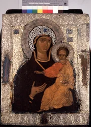""Vierge Hodegetria (Hodigitria) "" Icone russe. Peinture sur bois du 14eme siecle. Statens friluftsmuseum för treenigheten Lavra av St. Sergius, Sergyev Possad