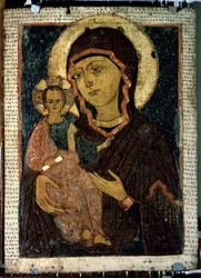 ""Jungfru Hodegetria (Hodigitria)"" Jungfru Maria och Jesusbarnet vars gloria är markerad med ett kors. Rysk ikon. Målning på trä från slutet av 1200-talet. Statens Tretjakovgalleri, Moskva