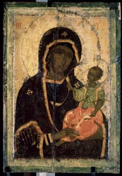 ""Jungfru Hodegetria (Hodigitria)"" Rysk ikon. Måla på trä. cirka 1360. Statens Tretjakovgalleri, Moskva
