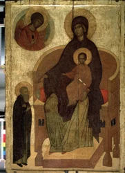 ""Madonna med barn och Saint Sergius"" rysk ikon. Målning på trä från 1400-talets statliga historiska museum, Moskva