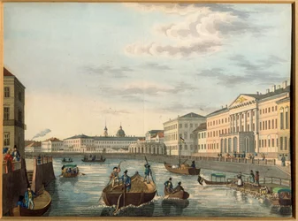 Utsikt över Fontanka-floden i Sankt Petersburg. Anonymt verk, Litografi, akvarellfärgad, ca 1820. Rysk konst