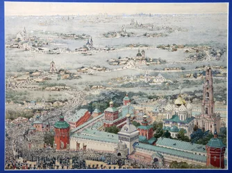 Utsikt över klostret i treenigheten Lavra av Saint Sergius (Trinite-Saint-Serge) i Sergiev Posad med påskprocessionen från Moskva. (Utsikt över Treenigheten Lavra av Sergius i Sergiyev Posad med påskprocessionen från Moskva). Arbete av en mästare r