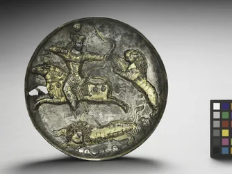 Maträtt: King Hormizd II eller Hormizd III jaktlejon, 400-600 (förgyllt silver)