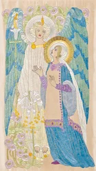 Bebådelsen, skolbroderi från Glasgow, ca 1910 (siden- och guldtråd)