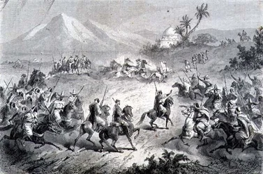 Ett äventyr, resenärer attackerade av brigander, illustration från "The Return to the World" (gravyr)