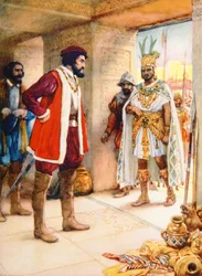 Hernan Cortes gör Montezuma till gisslan 1519 (färg litho)