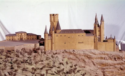Militär arkitektur: miniatyrmodell av Royal Alcazar i Segovia byggd av kung Alfonso VI av Kastilien. Armeemuseet i Madrid.