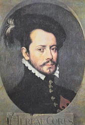 Porträtt av Hernan Cortes (färg litho)