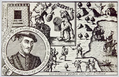 Spanjorer under Juan de Grijalva landar vid Yucatan och engagerar Maya-krigare i slaget vid Champoton, maj 1518 (litho)