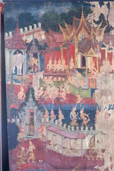 Väggmålningar i Buddhaisawan-kapellet som visar Buddha iförd kunglig dräkt för att ödmjuka och övertyga den stolte men vilseledde kejsaren Jambupati om att vägen till upplysning är att föredra framför enbart materiell rikedom, Wang Na-palatset