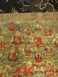 Detalj av tredje Panchen Lama Losan Penden Yeshe (gouache på tyg)