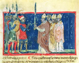 Codex Correr I 383 Påve Alexander III (1105-81) överlämnar svärdet till doge Sebastiano Ziani (pergament)