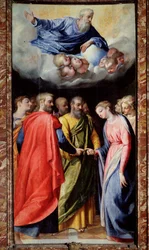 Jungfruns äktenskap Målning av Scipione Pulzone il Gaetano (1550-1598) och Giuseppe Valeriano (1542-1606) 1584-1588 Rom, Gesu-kyrkan, Madonna della Stradas kapell