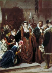 Queen Mary 1st Stuart (1542-1587) går till ställningen