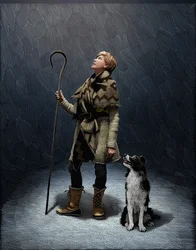 Shepherd med en border collie 2018 (skrapkartong, digitalt färglagd)