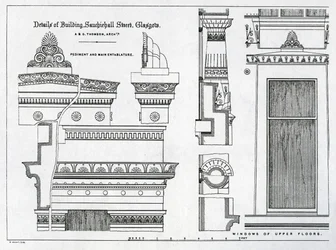 Arkitektoniska detaljer för Grecian Chambers, 336-356 Sauchiehall Street, Glasgow, designad av Alexander Greek Thomson, 1869