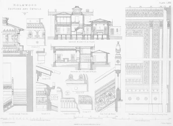 Exteriör och interiör vy av Holmwood, Glasgow (gravyr)