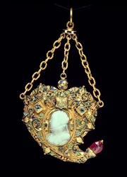 Medaljongset, bärande ett porträtt av Mary, Queen of Scots (1542-87) sent 1500-tal (guld och onyx)