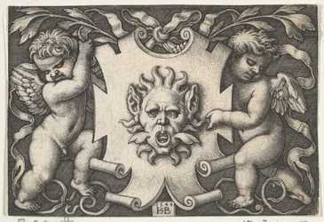 En mask på en skylt med stöd av två genier, 1544.